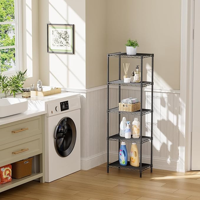 SINGAYE Metal Shelves Wire Shelving Storage Standing Adjustable Shelf Unit | 5 Tier Mesh Units Shelf for Kitchen Laundry Bathroom Closet Organizers Pantry Narrow Home Rack 10" D x 16" W x 55" H Black