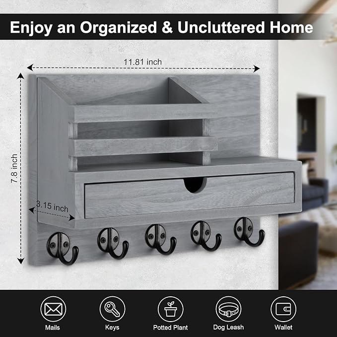 Key Holder Wall Mount, Mail Holder with Storage Drawer and 5 Key Hooks for Coat, Dog Leash, Home Decor Rack, House Accessories, Entry Way Organizer (Gray)
