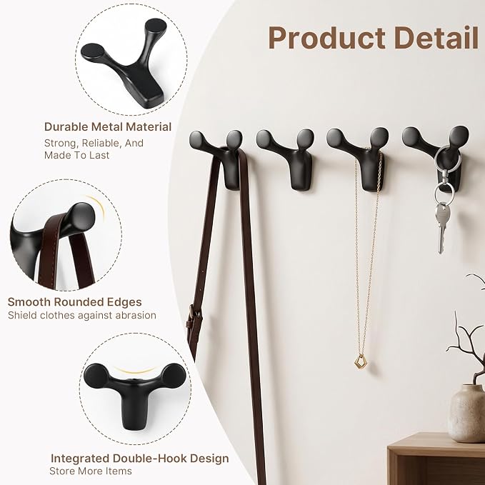 Coat Rack Wall Mount, Decorative Double Hanger Hooks, 4Pcs Balck Hook, Premium Zinc Alloy Y-Shaped/Antler Hook for Towels, Bags, Hats, Cups & Keys, Ideal for Entryway, Bedroom, Bathroom, Kitchen