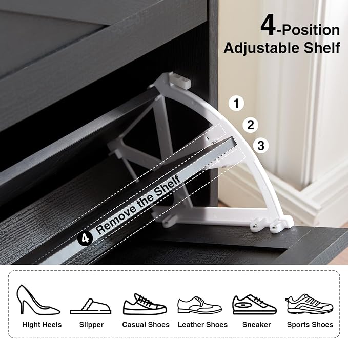 Barnyatoh Farmhouse Shoe Storage Cabinet,Shoe Organizer with 4 Flip Drawers | Freestanding Hidden Slim Narrow Shoe Rack Cabinet,Barn Door Design, Wood Shoes Organizer for Entryway,Foyer,Hallway,Black