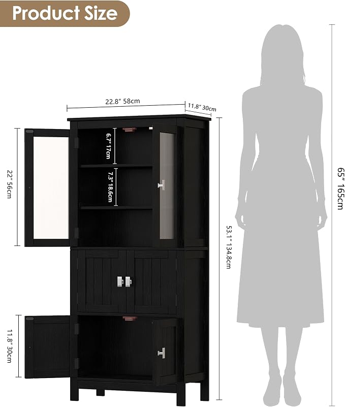 Akxomel 53.1" H Tall Bathroom Storage Cabinet, Bathroom Floor Cabinet with 6 Doors and Adjustable Shlef, Linen Cabinet, Pantry Cabinet for Living Room, Kitchen, Entryway, Black
