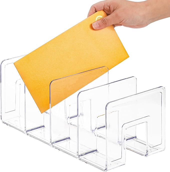 Lawei 4 Pack Acrylic File Sorter, 4-Section Clear Desktop File Folder Holder Organizer, Thick Office Storage Stand Rack for Book, Envelopes, Mail, Document, Notebook, Binder, Purse, Clutch Divider