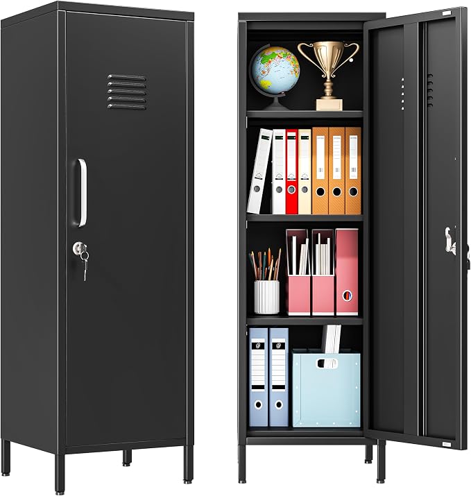 PAOFIN 47" Metal Storage Locker, Lockable Employees Metal Locker with Door and Adjustable Shelves, Steel Locker for Home, School, Office, Gym (Black)