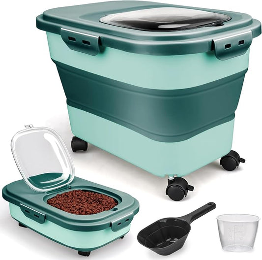 Viretec Dog Food Storage Container, 10-20Lbs Collapsible Pet Food Storage Containers with Rolling Wheel Airtight Locking Lid, Dry Food Storage Bin with Cup and Scoop,Suitable for Pet Food, Flour, Rice