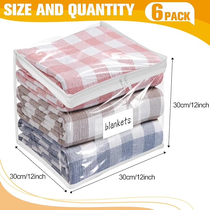 Kikerike Plastic Storage Bags with Easy-Glide Zipper, Pack of 6, Durable Clear Vinyl Zippered Storage Bags for Clothes Sweaters Comforters Blankets Sheets Bedding (12 x 12 x 12 Inch, White)