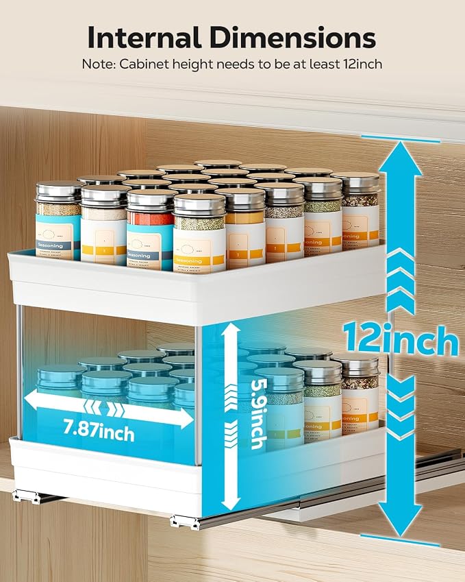 Nieifi 2 Tier Vertical Spice Rack Pull Out for Cabinet-8-1/4 inch Wide | ABS material,spice pull out organizer for cabinet,two installation methods,suitable for cabinets and counterto