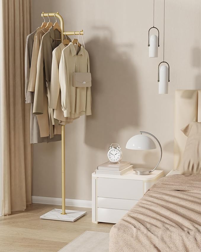 Metal Clothing Rack for Hanging Clothes, Gold, 68.9 In High | Modern Sturdy Coat Rack with Rock Slab Base, Heavy-duty Garment Rack for Boutiques, Hallway, Entryway, Living Room