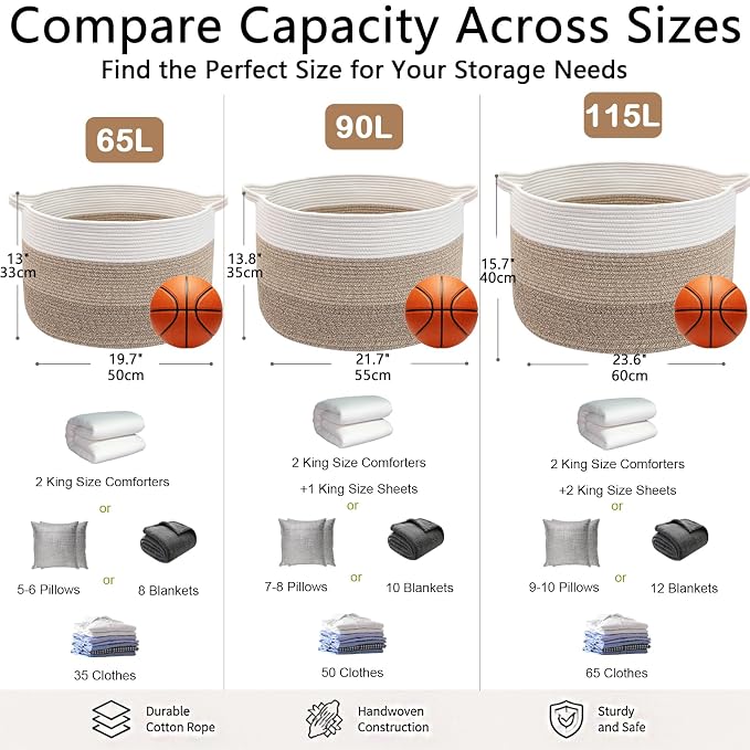 90L Extra Large Blanket Basket,Woven Rope Laundry Basket-Mix Brown | Collapsible Nursery Storage Bin with Sturdy Handles, Organizes Clothes, Toys and Pillows for Living Room, Bedroom, Bathroom