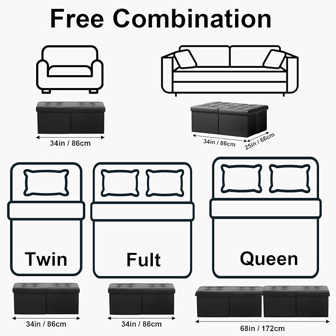 AmasSmile Footrest Ottoman Storage Bench, 34" Leather Folding Stool, Black | Large Ottoman with Storage, Thicker Foam Padded Seat, Livingroom, Dorm, Bedroom, Entryway, Easy to install,34 x 13 x 13in