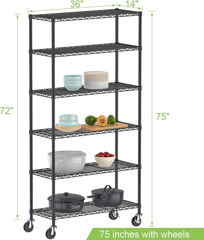 6 Tier Wire Metal Shelving Rack Garage Storage Rolling Shelves with Wheels | Heavy Duty Adjustable Industrial Shelves Unit Utility Sturdy Shelving for Kitchen Garage Pantry Bathroom Laundry