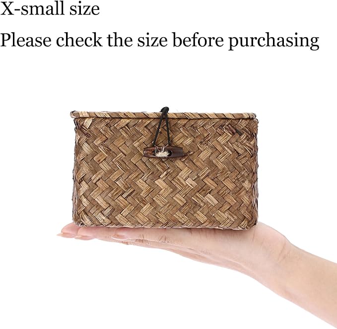 Hipiwe Seagrass Basket Bin with Lid X-Small Handwoven Wicker Storage Basket | Square Decorative Baskets Box for Shelf Multipurpose Household Baskets Organizer for Home Decor