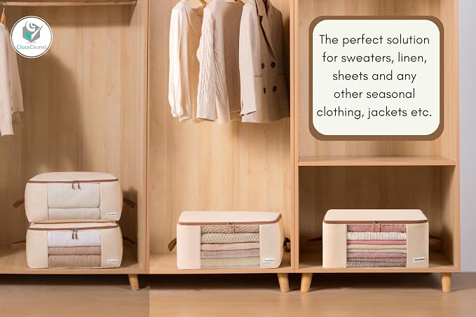Chaos Cleared Canvas Storage Bags Designer Organizer for Clothing 2 Pack – Clothes Organizers for sweaters, clothing, garment, bedding, quilt, linens, large bag with zip & window, mothproof