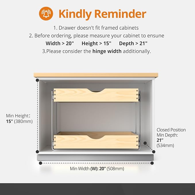 21" Deep 2-Tier Pull Out Cabinet Organizer - Wood Pull Out Drawers | Slide Out Shelves, Full-Extension, Ball-Bearing Slides, 3 Adjustable Heights (2-Tier, 20''W X 21''D Overall)