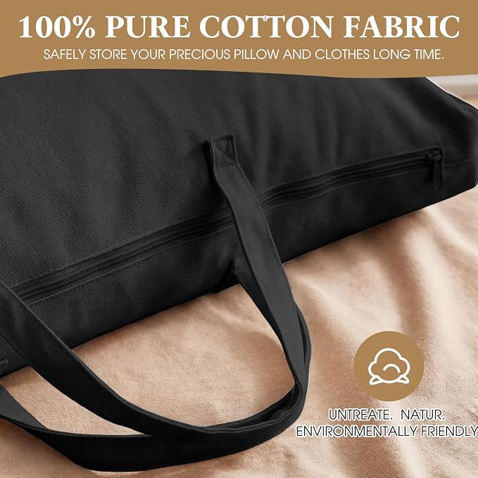 2 Pack Travel Pillow and Blanket Bags, 100% Cotton Canvas Pillow Storage Bag with Handles, Heavy Duty Breathable Organizer for Bedding Linens, Pillow Bag for Traveling(2,Black,20"x30")