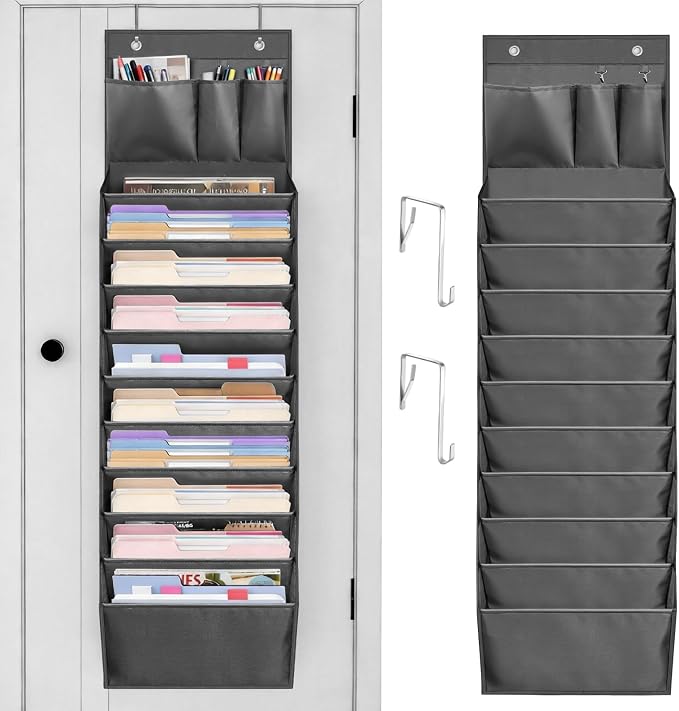 Over Door Hanging File Organizer, 10 Extra Large Pockets (Grey) | Wall file organizer, 10 extra large pockets, heavy-duty fabric. Hanging folders for mail, magazines.13.78"W × 51.18"H