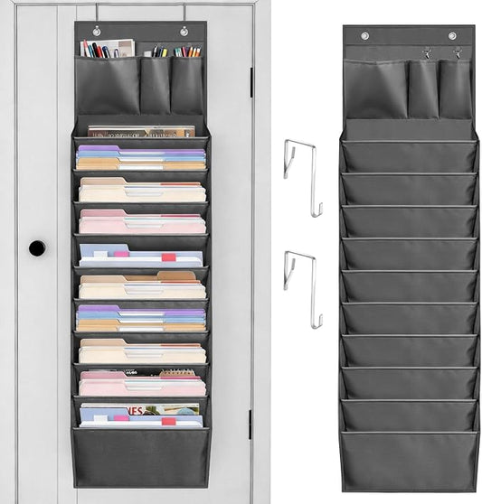 Over Door Hanging File Organizer, 10 Extra Large Pockets (Grey) | Wall file organizer, 10 extra large pockets, heavy-duty fabric. Hanging folders for mail, magazines.13.78"W × 51.18"H