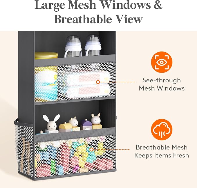 Lifewit 4 Tier Over the Door Diaper Organizer for Nursery, Large Heavy Duty Hanging Storage with 4 Mesh Side Pockets, Sturdy Back of Door Shelf for Baby Stuff Toy in Pantry, Laundry, Bathroom, Gray