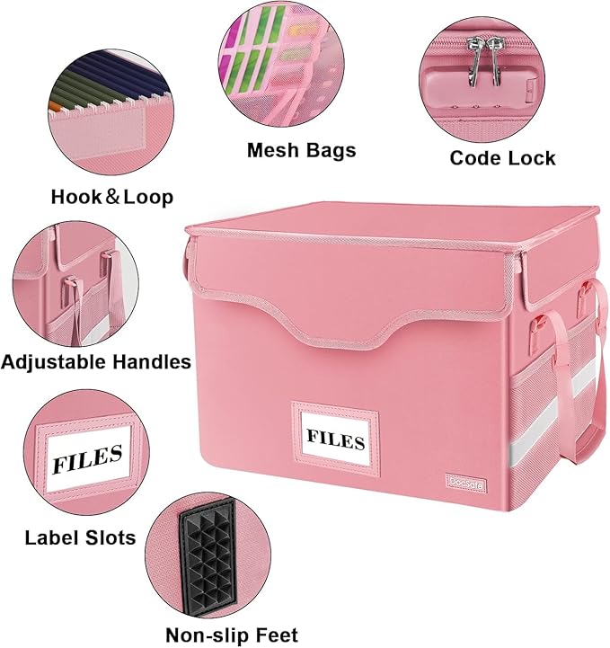 DocSafe Fireproof Document Box with Lock,File Storage Organizer with Zipper Pockets,Collapsible Portable File Box Home Office Safe Filing Cabinet with Handle for Hanging Letter/Legal Folder,Pink