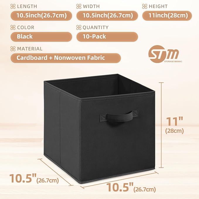 STORAGE MANIAC Storage Cubes, 11 Inch Collapsible Storage Bins with Handles, 10 Pack Fabric Foldable Bins for Organization, Durable Storage Bins for Closet, Shelves, Offices, Toys, 10-Pack Black