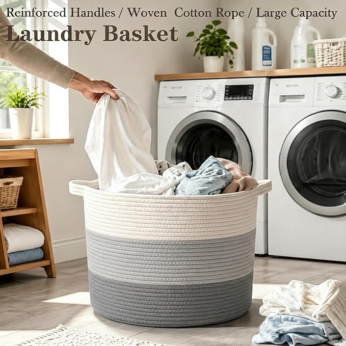 90L Extra Large Blanket Basket,Woven Rope Laundry Basket-Grey | Collapsible, reinforced handles, nursery storage bin organizes clothes, toys and pillows for living room, bedroom bathroom