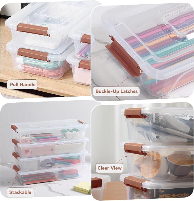 novelinks 4 Quart Clear Plastic Storage Containers with Lids (8 Pack) | Storage Bins with Lids, Stackable Small Clear Bins, Craft Storage Box, Paper Storage, Under Bed Storage Bins, Pencil Box