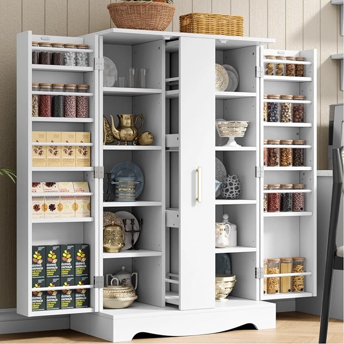 kepptory 47“ White Kitchen Pantry Cabinet with 3 Doors, Adjustable Shelves, | Pull-Out Side Spice Racks, Freestanding Food Storage Cupboard for Kitchen, Dining Room, Living Room