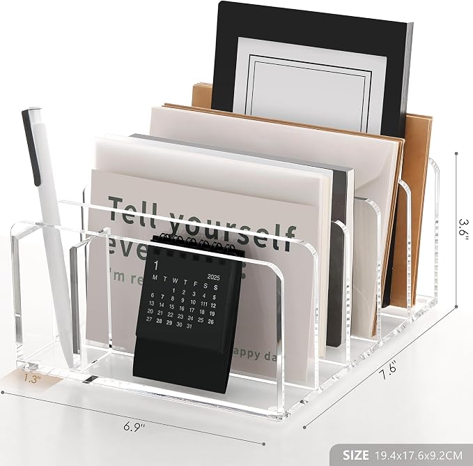 Acrylic Mail Sorter Desk Organizer with Pen Holder, 5 Compartments Clear | Small File Script Letter Document Storage for Desktop Bill Filling Envelope Holder Office, Home, School Organization