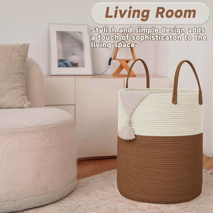 JMvicyroam 60L Cotton Rope Laundry Basket Hamper, White and Brown | Collapsible laundry basket, reinforced handles, freestanding, machine washable, holds 3-5 thick blankets, clothes or toys