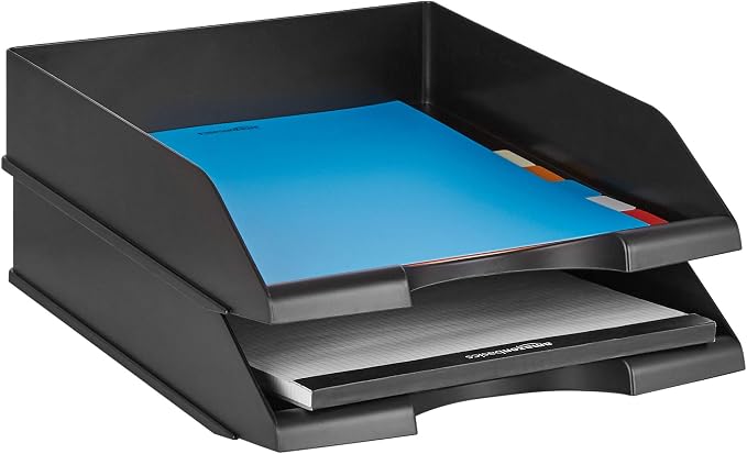 Amazon Basics Rectangular Stackable Desk Organizer Office Letter Tray, File Storage, Paper Organizer, Black, 2-Pack