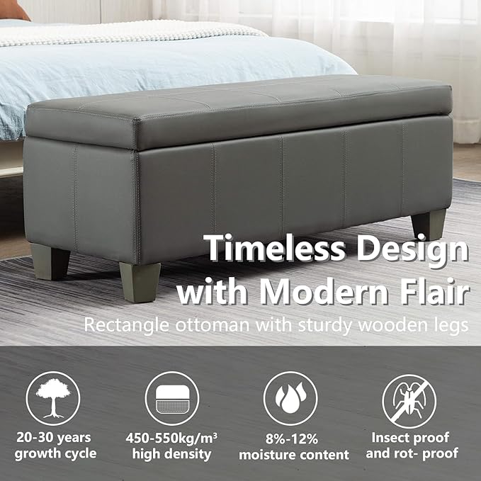 41" Storage Ottoman, Storage Bench with Safety Hinge, Upholstered Synthetic Leather Ottoman Bench for Bedroom, Living Room, Entryway, Hallway, Foot Rest, Support 500lbs, Grey