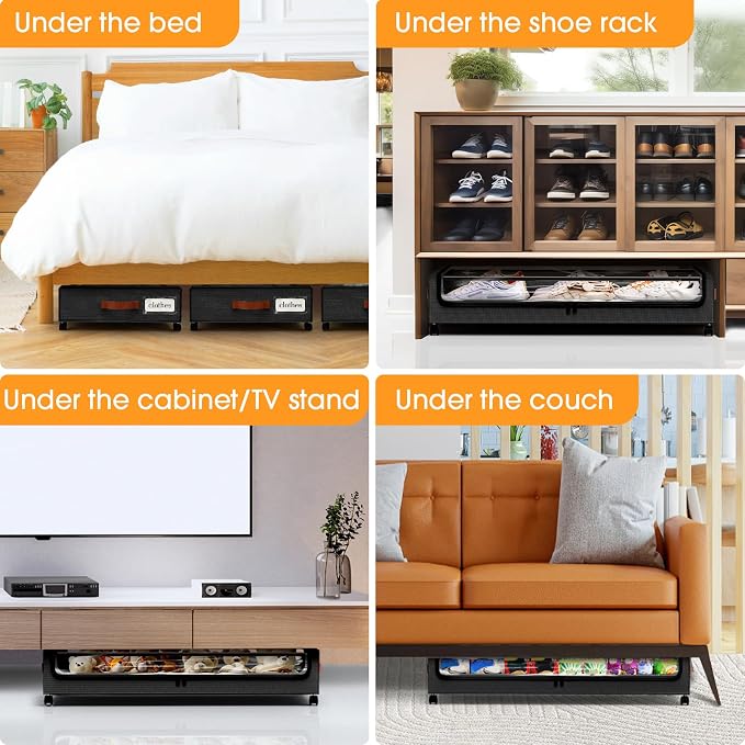 SpaceHacks Under Bed Storage with Wheels 3Pack Storage Containers with Clear Window&Label Under Bed Drawers Rolling Under Bed Storage for Clothes,Shoes, Blankets (30.71 x 16.93 x 6.69 in, Black)