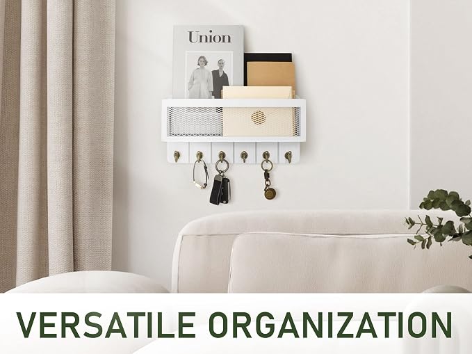 Rebee Vision Key Holder Wall Mount with 6 Hooks for Entryway, Rustic White | Key Holder for Wall, Mesh Storage Basket, Letter Storage, Key Rack, Office and Hallway Organizer, Apartment, Home Accent