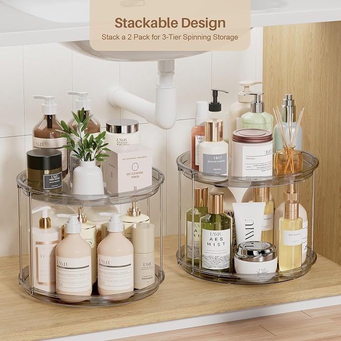 LAMU 2 Tier Lazy Susan Organizer 12 inch Large Lazy Susan Turntable Rotating Spice Rack Organization for Cabinet, Kitchen, Pantry, Countertop, Bathroom, Vanity, Medicine Cabinet Organizer, Grey