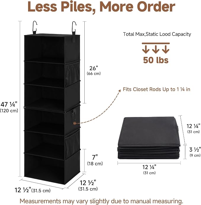 StorageWorks Hanging Closet Organizer 6-Shelf, Separable Two 3 Shelf Closet Storage Organizer with Side Pockets, Portable Hanging Shelves for Clothes, Sweater,12 1⁄2" D x 12 1⁄2" W x 47 ¼"H, Black