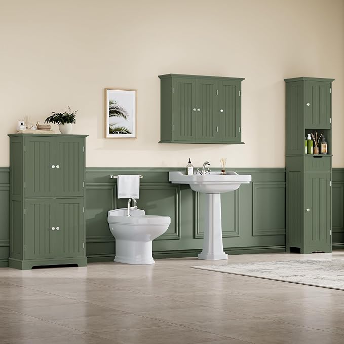ChooChoo Laundry Cabinet with 3 Doors and Adjustable Shelves | 9.06"D x 31.1"W x 24"H, Bathroom Wall Cabinet, Cupboard, Green