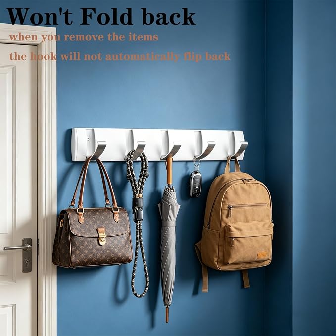 Folding Coat Hooks, Wall Mounted Coat Rack with 5 Retractable Hooks, Heavy Duty Towel Rack for Bathroom Wall Hook for Hanging Clothes, Stainless Steel Coat Hanger for Entryway(White/Sliver)