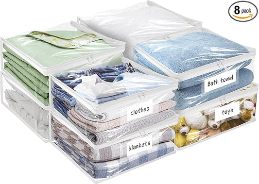 Kikerike Plastic Storage Bags with Easy-Glide Zipper, Pack of 8, Durable Clear Vinyl Zippered Storage Bags for Clothes Sweaters Comforters Blankets Sheets Bedding (18 x 15 x 4 Inch, White)