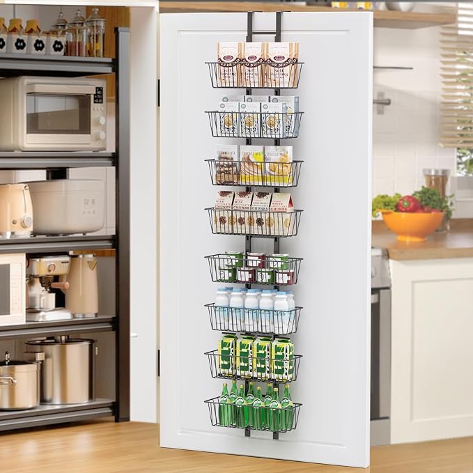 8 Tier Over the Door Pantry Organizer, Over the Door Spice Rack with Adjustable Baskets, Metal Hanging Door Pantry Organizers and Storage for Kitchen Bathroom Bedroom, Black