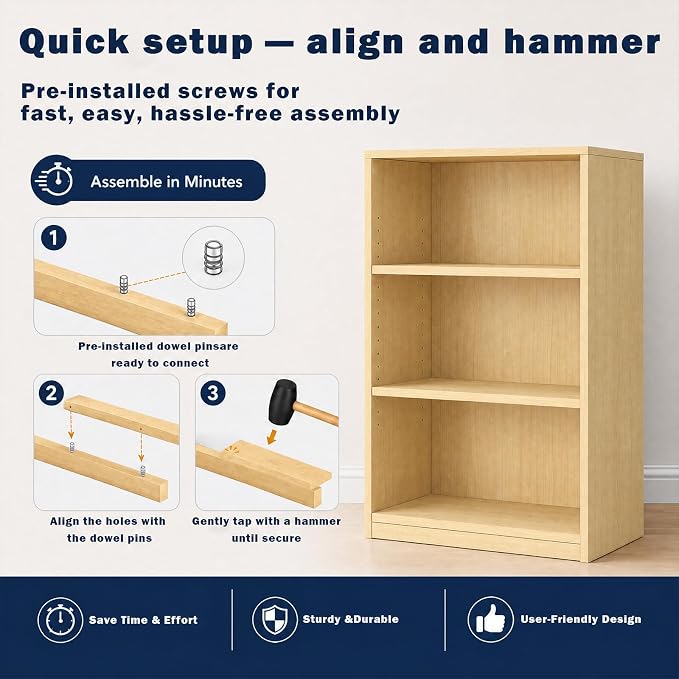 CTESNE【2026 Adjustable Shelves 3-Tier Bookcase, 71 inches, Wooden Open Display Floor Bookshelf (Oak Color)