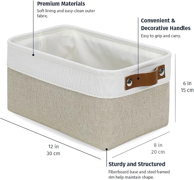 OrganiHaus 12x8in Canvas Storage Baskets, 3 Pack - Fabric Bins for Shelves | Vegan leather handles; a decorative pantry and office organizer, container for desk and books