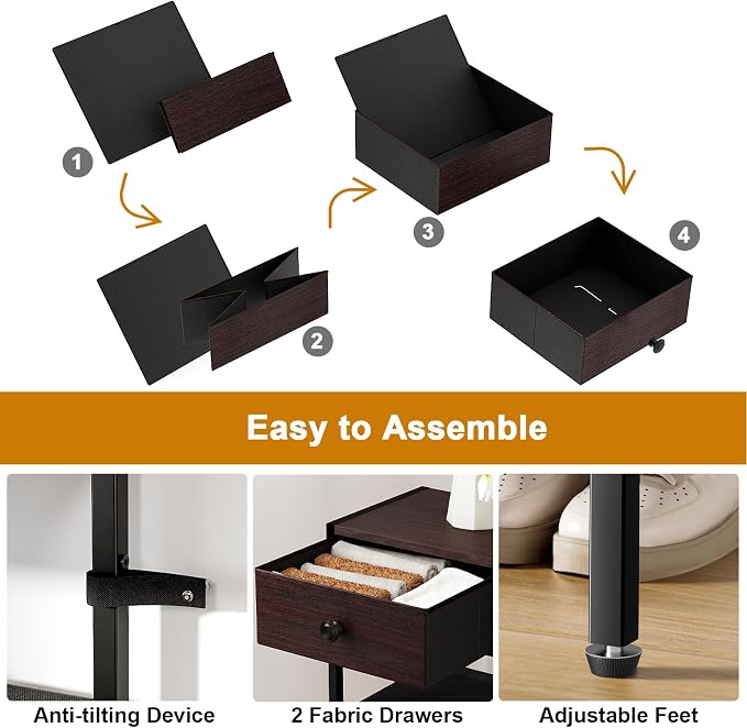 5 Tier Shoe Rack with Drawers, Metal & Wood Shelf Dark Brown | Holds 16-20 pairs. Fabric shelves prevent dust. Drawers for small items. 20-min assembly with clear guide.