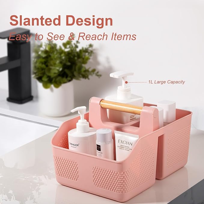 Plastic Shower Caddy Portable Shower Basket with Bamboo Handle, Pink | Cleaning Caddy Organizer Storage Tote for Bathroom, College Dorm Essentials, Bath Toy Storage
