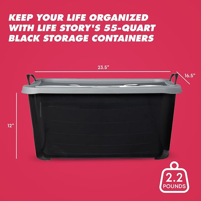 Life Story 24 Pack Stackable Storage Bin, 55 Qt Home Organizers, Black/Gray | Heavy-Duty Versatile Lightweight Locking Bins with Carrying Handles
