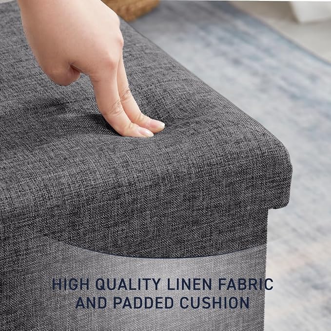 Ornavo Home 15 Inch Folding Storage Ottoman Cube, Tufted Linen, Dark Gray | Upholstered Cube with Lid; Foot Rest Stool; Ideal for Bedroom, Living Room or Entryway