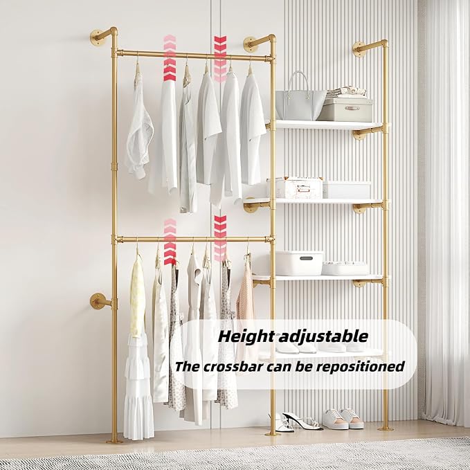 Industrial Pipe Clothing Rack | Hanging Rods Clothes Rack with Shelves, Clothes Rack for Wardrobe, Corner Closet System for Walk in Closets