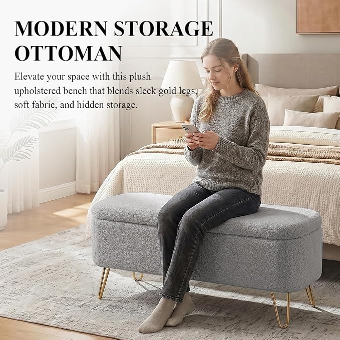 Modern Storage Ottoman Bench, Teddy Upholstered Entryway Bench with Gold Legs, Vintage End of Bed Bench with Safety Hinge, Padded Bench with Storage for Living Room, Bedroom, Entryway(Grey)