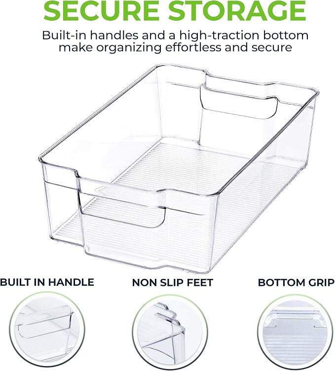 Zulay 4 Pack Clear Refrigerator Organizer Bins - XL Fridge Organizers and Storage Clear - Ideal Freezer Organizer Bins, Refrigerator Storage Containers, Kitchen Cabinets, Pantry Organization