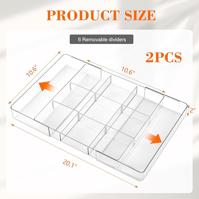 Briwooody 2 Pcs Large Expandable Acrylic Drawer Organizers, Grid Adjustable Drawer, Dividers Organizer for Desk, Makeup, Jewelry, Office, Kitchen Supplies (Transparent,11 Compartments)