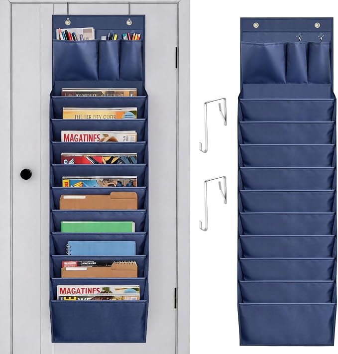 Over Door Hanging File Organizer, 10 Extra Large Pockets (Blue) | Wall file organizer, 10 extra large pockets, heavy-duty fabric. Hanging folders for mail, magazines.13.78"W × 51.18"H