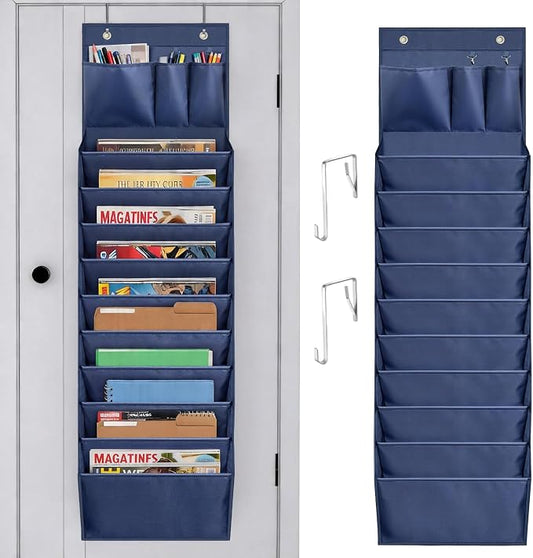 Over Door Hanging File Organizer, 10 Extra Large Pockets (Blue) | Wall file organizer, 10 extra large pockets, heavy-duty fabric. Hanging folders for mail, magazines.13.78"W × 51.18"H